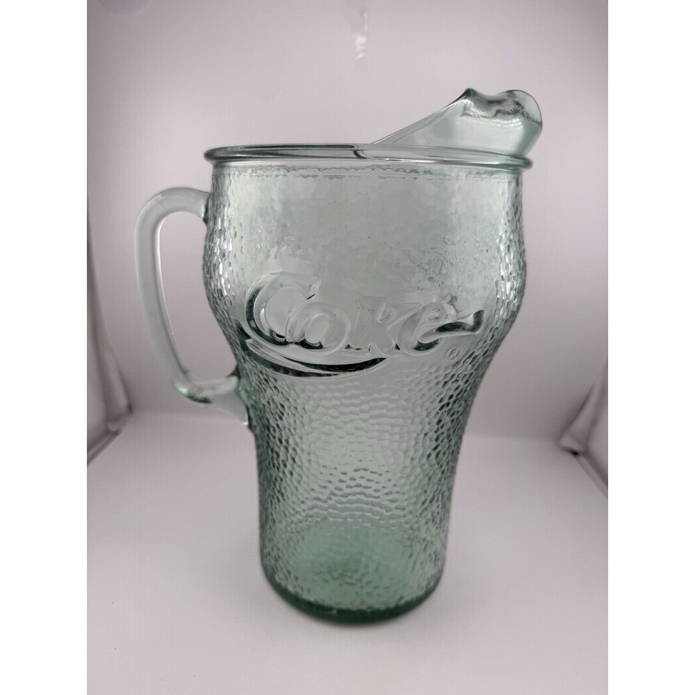Vintage 1970s Coca-Cola Green Pebbled Glass Pitcher 64 oz-Indiana Glass Ice Lip